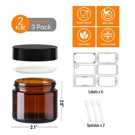 3 Pack 2 oz Amber Glass Jars with lids, Cosmetic Jars with Inner Liners and Black Lids, Lotion Jars, Candle Making Jars for Lotions, Scrubs and Cosmetic, Lables and Spatulas Include