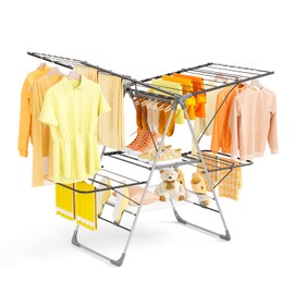 Clothes Drying Rack Foldable, 2-Tier Stainless Steel Heavy Duty Laundry Rack with Adjustable Height Wings, Sock Clips, Space Saving Drying Rack Clothing for Indoor & Outdoor, Apartment, Balcony