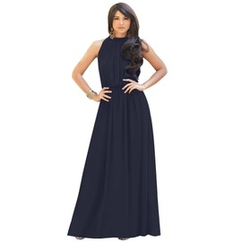 KOH KOH Petite Womens Long Sleeveless Bridesmaid Halter Neck Wedding Party Guest Flowy Slimming Semi Formal Elegant Gala Ball Evening A-line Tall Gown Maxi Dress, Navy Blue S 4-6