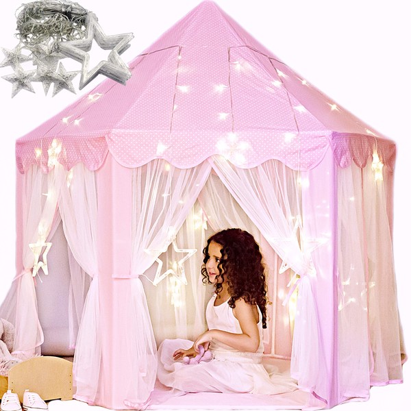 Princess Castle Play Tent with Large Star Lights. Little Girls Princess Tent Toy for Indoor. Pretend and Imaginative Play House. Have Fun, Encourage Social Interaction. Gift for Girls Age 3 4 5 6 7