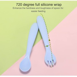 100% Food Grade Silicone BABY Spoon and Fork set|First Stage self feeding Baby Self Feeding Spoons 6+ Months| Toddler Baby Utensils 6-12 Months (Moody Blue)