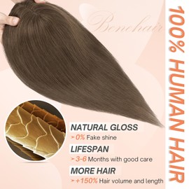 Benehair Human Hair Toppers for Women Clip in Hair Toppers for Daily Use 2 * 6cm Hand Made Lace Base Long Coverage Natural Hairpiece Wiglet #02 Dark Brown 12Inch