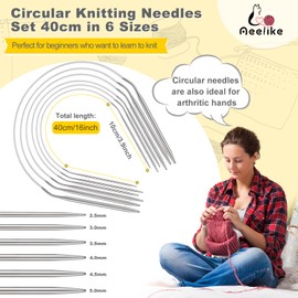 Aeelike Circular Knitting Needles 40cm Set, Size 2.5mm 3mm 3.5mm 4mm 4.5mm and 5mm, Short Stainless Steel Circular Needles for Kniting Socks Hats, Round Knitting Needles 16inch Total Length with Cable