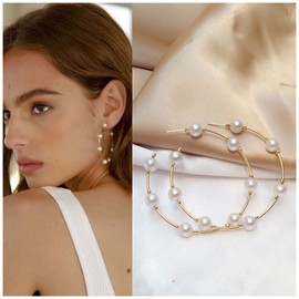 Allereya Vintage Pearl Hoop Earrings Large Circle Pearl Earrings Gold Hoop Studs Earrings Punk Exaggerated Earrings Jewelry for for Women and Girls