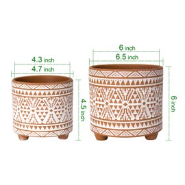 Set of 2 Planter Pots, 4 Inch & 6 Inch, Totem Design Ceramic Plants Pot with Drainage Hole, Terracotta/White