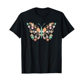 Women Boho Wildflower Summer Flowers Butterfly Shape Graphic T-Shirt