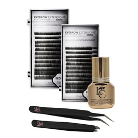 KC Republic Lash Eyebrow Extensions Kit with 2 Trays of Mink False Eyebrows in Black, Comes on Mixed Length Trays 5-8 mm Mix, Eyebrow Glue Clear & Dual Pack (Straight & Curved Tip) Extension Tweezers