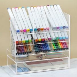 QWORK Acrylic Desk Organizers and Accessories – Multi-Compartment Storage with Drawer, Clear Pencil Organizer and Pen Holder
