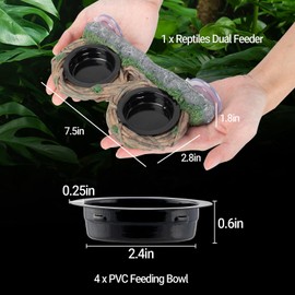 REPTI ZOO Dual Gecko Feeder Ledge, Reptile Hollow Vine Food Feeding for Bearded Dragon Lizard Snake Turtle, Reptile Water Feeding with 4 PCS Bowl, Reptile Dish Terrarium Tank Decor Accessories