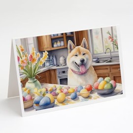 Caroline's Treasures DAC6740GCA7P Decorating Easter Akita Greeting Cards Pack of 8 Blank Cards with Envelopes Whimsical A7 Size 5x7 Blank Note Cards