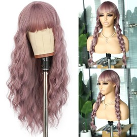 SAPPHIREWIGS Purple Wig with Bangs Long Wavy Wigs for Women Mix Purple Wavy Wigs Synthetic Heat Resistant Wigs for Daily Party 26inch
