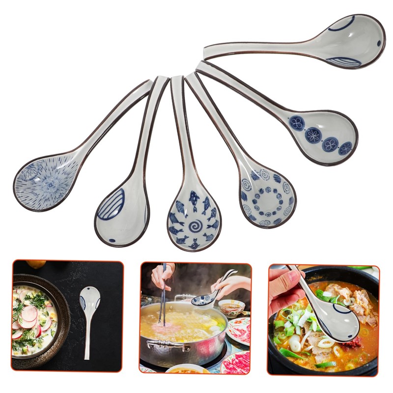 SHOWERORO 6pcs Long Handled Ceramic Soup Spoons Elegant Asian Serving