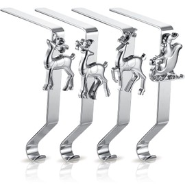 Photect Christmas Stocking Holders, Set of 4 Santa and Reindeer Stocking Hangers for Mantle Fireplace Decoration Stand with Hook, Christmas Stocking Mental Clips for Holiday Party Decoration (Silver)