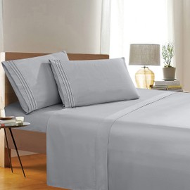 Elegant Comfort 1500 Thread Count Wrinkle & Fade Resistant Egyptian Quality 4-Piece Bed Sheet Set Ultra Soft Luxurious Set Includes Flat Sheet, Fitted Sheet and 2 Pillowcases, King, Classic Silver