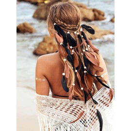 Yean Feather Headband Gypsy Tassel Headwear Boho Hair Band Black 1920s Head Chain Rave Hair Accessories for Women and Girls