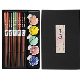 5 Pairs Chopsticks with 5 Cute Rabbit Ceramic Chopsticks Holder, Chopsticks Wooden Sushi Chopsticks with Gift Box Reusable Chopsticks with 5 Ceramic Chopsticks Pads