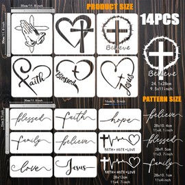 FINGERINSPIRE Pack of 14 Stencils with Religious Theme and Brush, 2 Sizes, Cross Painting Stencils, Reusable PET Heart Home Stencil, Religious Word Decoration Template for Wood, Walls, Floors