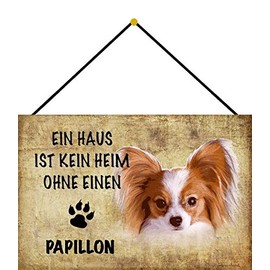 Tin Sign 20 x 30 cm Curved with Cord "Ein Haus ist kein Heim ohne einen Papillon Dog" Decorative Gift Sign