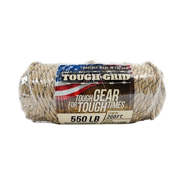TOUGH-GRID 550lb Desert Camo Paracord/Parachute Cord - 100% Nylon Mil-Spec Type III Paracord Used by The US Military, Great for Bracelets and Lanyards, 1000Ft. - Desert Camo
