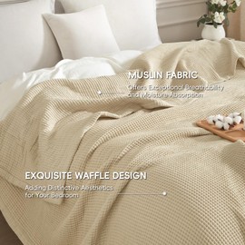 PHF Reversible Waffle & Muslin Blanket 100% Cotton 400GSM King Size 104" x 90", Breathable Lightweight and Soft, Luxury Aesthetic Waffle Gauze Blanket for Home Decor, Ideal Gift, Oak