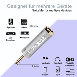 Longivia® 2 x Jack Adaptor 3.5 mm to 6.35 mm Pure Copper with Gold-Plated Contacts - Jack Adapter 3 5 to 6 3 Stereo Jack Plug Adapter Audio Mini Jack to Jack