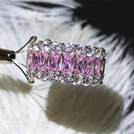 AZQ 925 Sterling Silver Shiny Full Diamond Ring Cocktail Rings Pink Cubic Zirconia Anniversary Promise CZ Multi Row Eternity Engagement Wedding Band for Women TZ.94 (US Code 6)