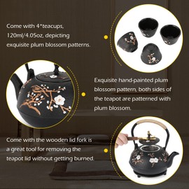 Dyna-Living Cast Iron Teapot Japanese Tea Kettle Set 1200ml/40.6oz Japanese Cast Iron Teapot Set with 4 Tea Cups Japanese Style Tea Pot with Infuser Cast Iron Tea Kettle for Tea Lover