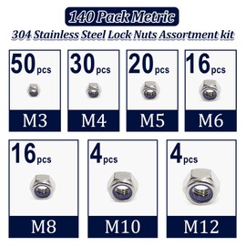 ZQZ 140 Pack Locknuts Assortment Kit,M3 M4 M5 M6 M8 M10 M12 Metric Nylon Insert Lock Nuts Sets,304 Stainless Steel Standard Threaded Nylock Nuts
