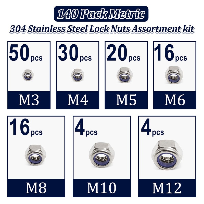 ZQZ 140 Pack Locknuts Assortment Kit,M3 M4 M5 M6 M8