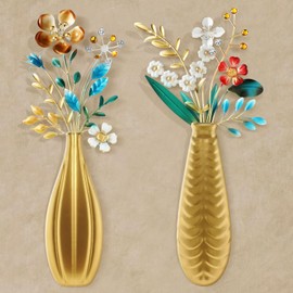 Tandefio 2 Pcs Metal Flowers Wall Decor 15.8 x 7.9 Inch Spring Dimensional Metal Wall Art 3D Textured Hanging Flower Sculptures Metallic Artwork Decor for Bedroom Living Room Bathroom Kitchen Office