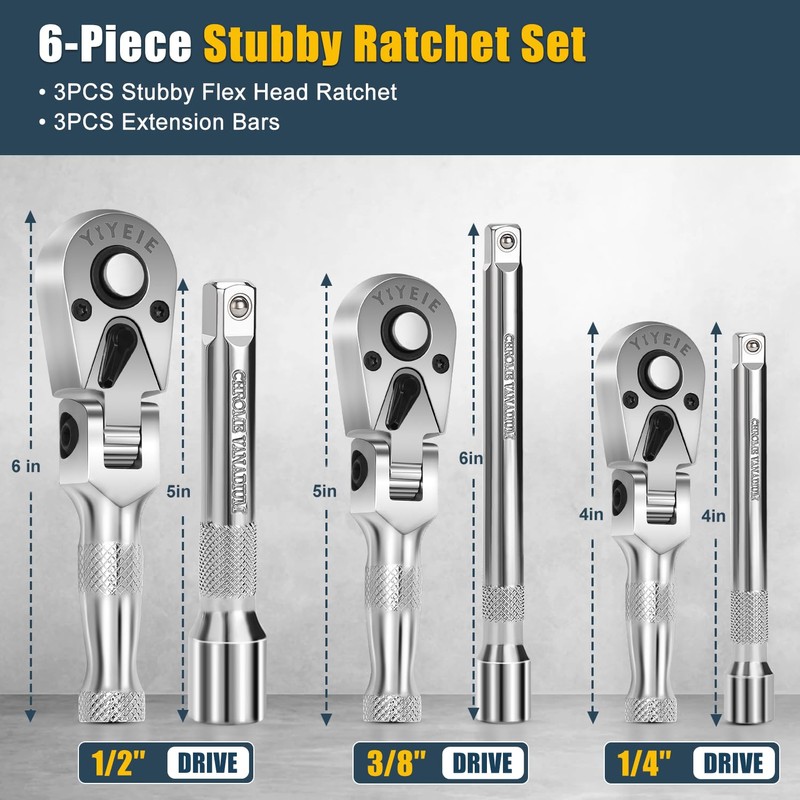 YIYEIE Stubby Flex Head Ratchet Set, 6PCS Stubby Ratchet Set