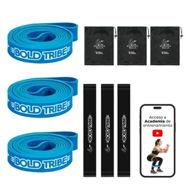 BOLD TRIBE Set de 3 Ligas de Resistencia Azul Light #3 - Bandas Elásticas para Cross Training, Calistenia y Ejercicio Funcional - Incluye Bolsa de Transporte, Mini Loop Bands y Guía de Entrenamiento