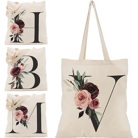 Floral Initial Canvas Bag Gifts for Women - 15"x16" Shoulder Tote Bags for Bridesmaids Hen Party Teacher Gift Shopping Bag C1 (Initial #V)