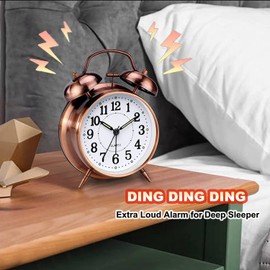 Loud Alarm Clock for Heavy Sleepers Adults, Metal 4 Inches Twin Bell Battery Operated Alarm Clocks for Bedrooms Decoration, Silent Non-Ticking, Back-to-School Gift (Red Brown)