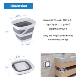 Craftend Collapsible Bucket, 5L 1.3Gallon Small Cleaning Bucket Mop Buckets for Household Outdoor Car Washing Tub Plastic Foldable Portable Camping Beach Sand Water Pot Pail Space Saving Square