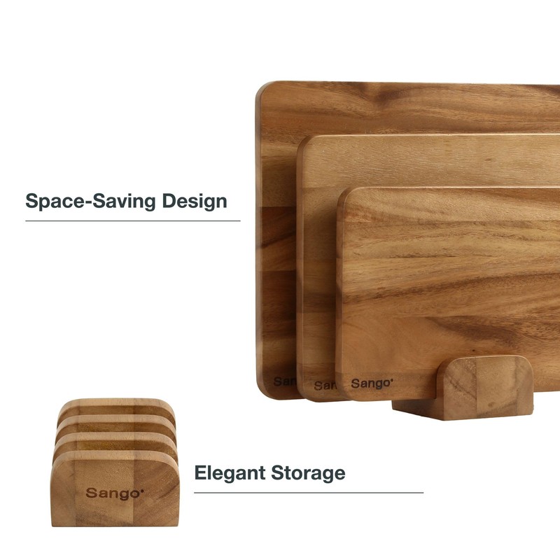 Sango Acacia Cutting Board Set with Juice Grooves and Stand,