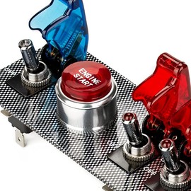 Jtron DC12V Flip-Up Ignition Switch Panel,5 in 1 Car Engine Start Push Button LED Toggle for Racing Sport Competitive Car (4 Red 1 Blue)