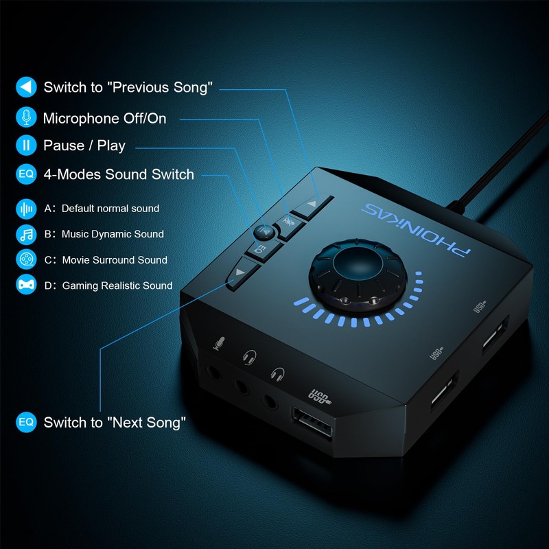 T10 External Sound Card, PHOINIKAS USB Audio Adapter for PC