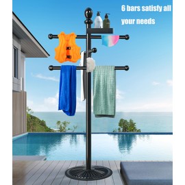 Pool Towel Rack Outdoor, 6 Bars with Top Tray Metal Heavy Duty Never Tilt Pool Accessories with Heavy Metal Base, Hot Tub Accessories Towel Dying Rack Towel Stand for Pool, Hot Tub etc