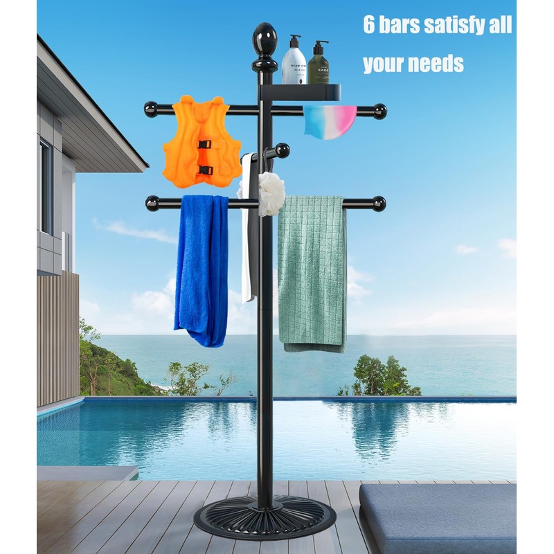 Pool Towel Rack Outdoor, 6 Bars with Top Tray Metal