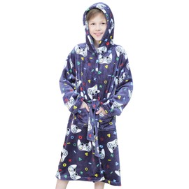 Doctor Unicorn Boys Soft Hooded Bathrobe Kids Warm Gamer Fleece Robe Sleepwear (Navy Gamer - 6-7 Years)