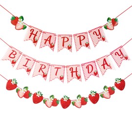 Strawberry Birthday Banner Set of 3 - "Happy Birthday" Red Berry Garland with "Strawberry" Sign, Complete Party Phrase Decor for 1st Birthday, Baby Shower & Dessert Table (Non-Glitter)