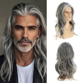 Wiwige Long Wavy Mixed Grey Wig for Men Natural Looking Heat Resistant Synthetic Retro Male Wig for Daily Party Costume Cospaly Halloween, Beige Gray