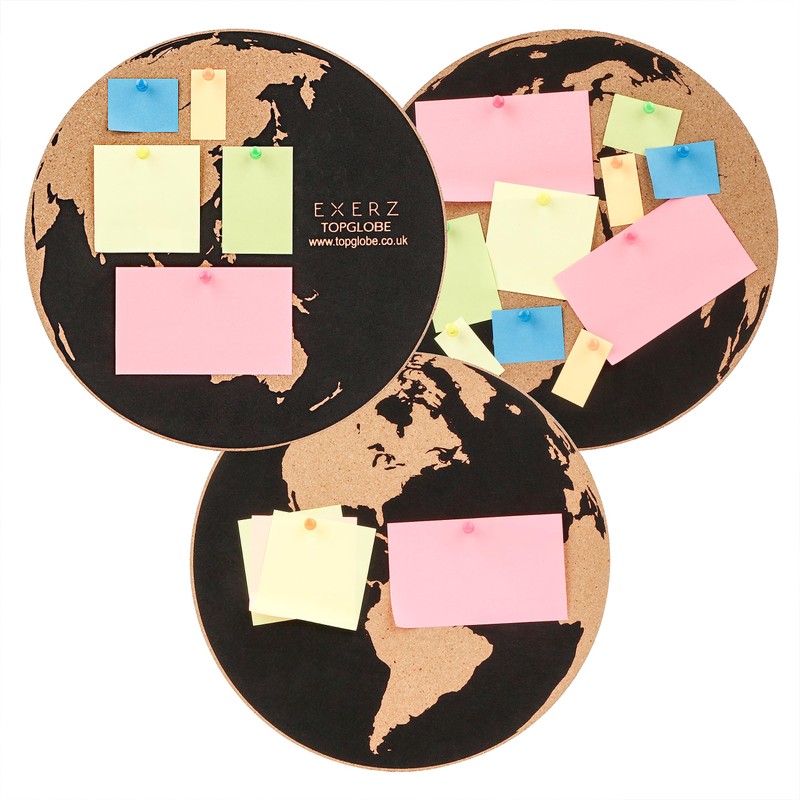 EXERZ 30cm World Map Notice Board 3 Pack Cork Memo