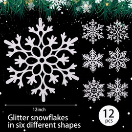 Large Snowflakes Ornaments 12" Plastic Glitter Snowflake Decorations Giant Winter Christmas Hanging Decor Oversized Snow Flakes Ornaments for Indoor Outdoor Decor(White, 12 Pack)
