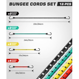 Bungee Cords with Hooks Heavy Duty 35kg – Elastic Tie Down Straps, Luggage Straps, Camping Gear, Tarps, Garden Furniture, Trailer, DIY (Pack of 12)