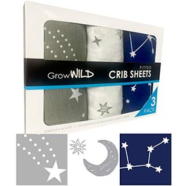 GROW WILD Crib Sheets for Boys or Girls | 3 Pack Soft Stretchy Jersey Cotton Fitted Crib Sheet Neutral | Grey White Navy Blue Baby Crib Sheets for Girl, Crib Mattress Sheet or Toddler Bed Sheets
