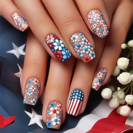 24 Pcs Flower Press on Nails Short Square 4th of July Fake Nails Blue False Nails Press Ons with USA Flag Full Flowers Design Glossy Nail Tips Full Cover Acrylic Nail Kit for Women Manicure