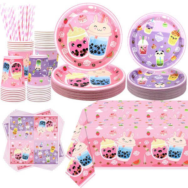 Obussgar Bubble Tea Party Decorations, MilkTea Party Supplies Includes Plates,