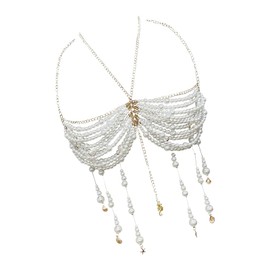 Nawwgy Elegant Pearls Beaded Tassels Halterneck Crop Tanks Top for Women Body Jewelry Bra Chest Chain for Parties and Festival Pearl Beaded Chest Chain Tassel Halter Vest